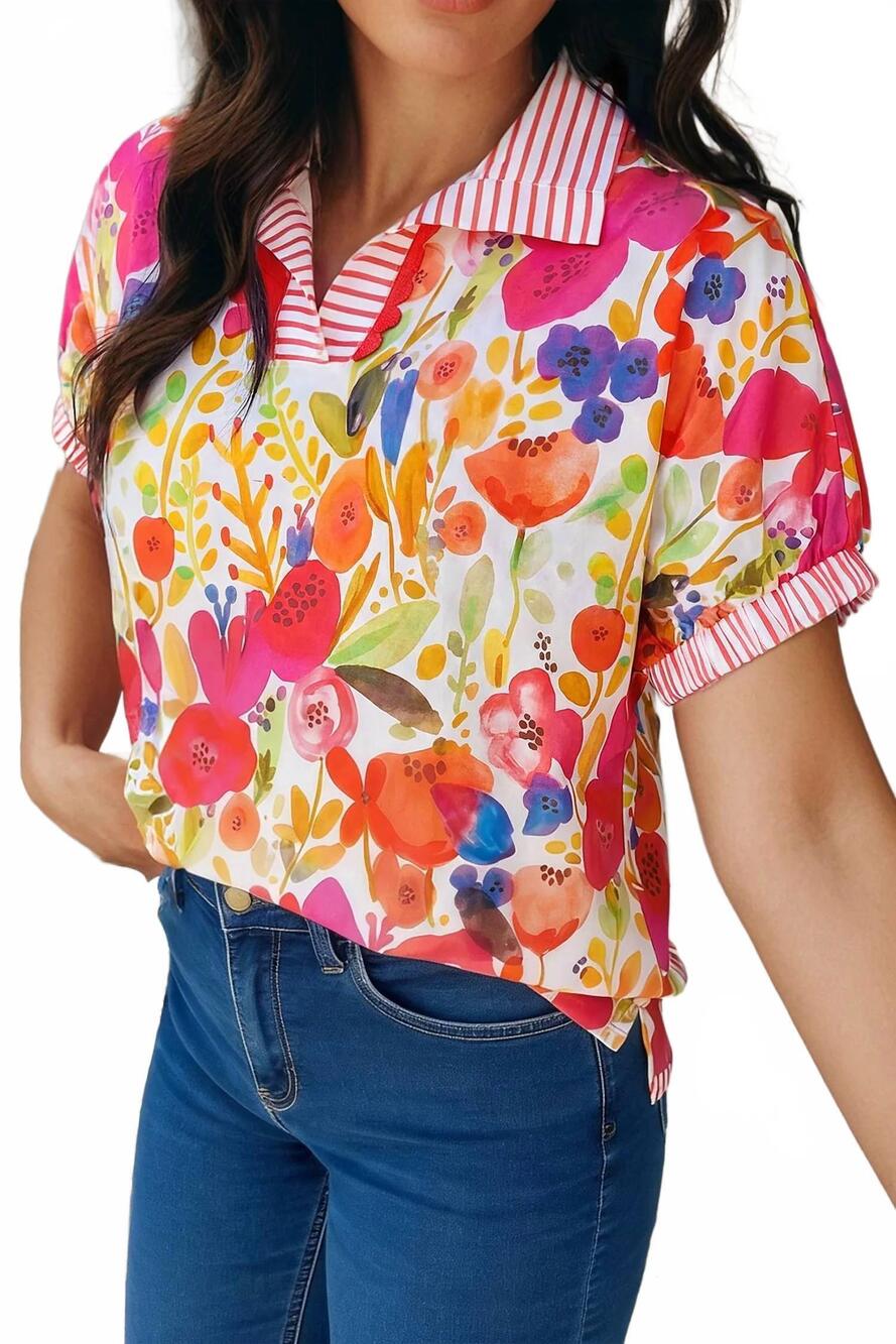 NEW LITTLE DAISY CLOSET striped trim collared v neck floral blouse in pink